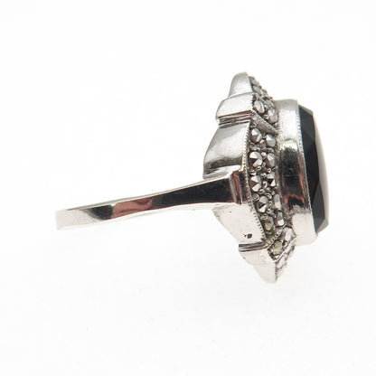925 Sterling Silver Antique Art Deco Real Black Onyx & Marcasite Ring Size 6.25