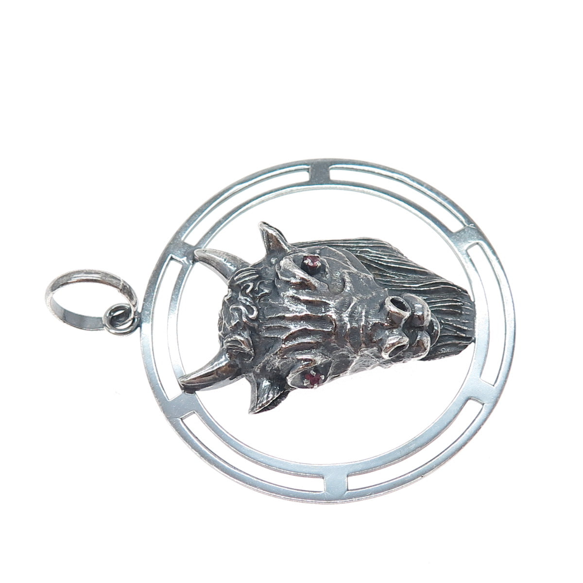 925 Sterling Silver Vintage Italy Real Ruby Taurus Zodiac Sign Oxidized Pendant