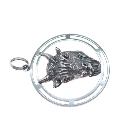 925 Sterling Silver Vintage Italy Real Ruby Taurus Zodiac Sign Oxidized Pendant