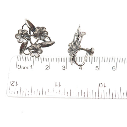 BEAU 925 Sterling Silver Antique Art Deco Flower Oxidized Screw Back Earrings