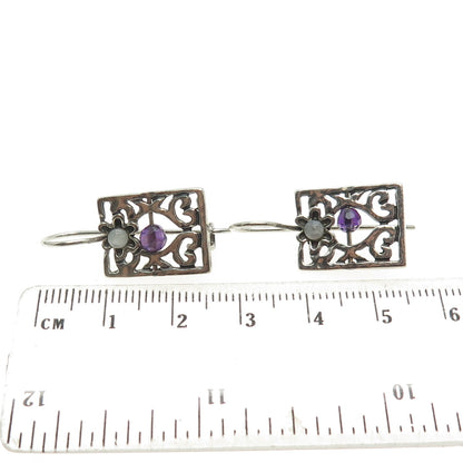 925 Sterling Silver Vintage Real Mother-of-Pearl & Amethyst Gem Ornate Earrings