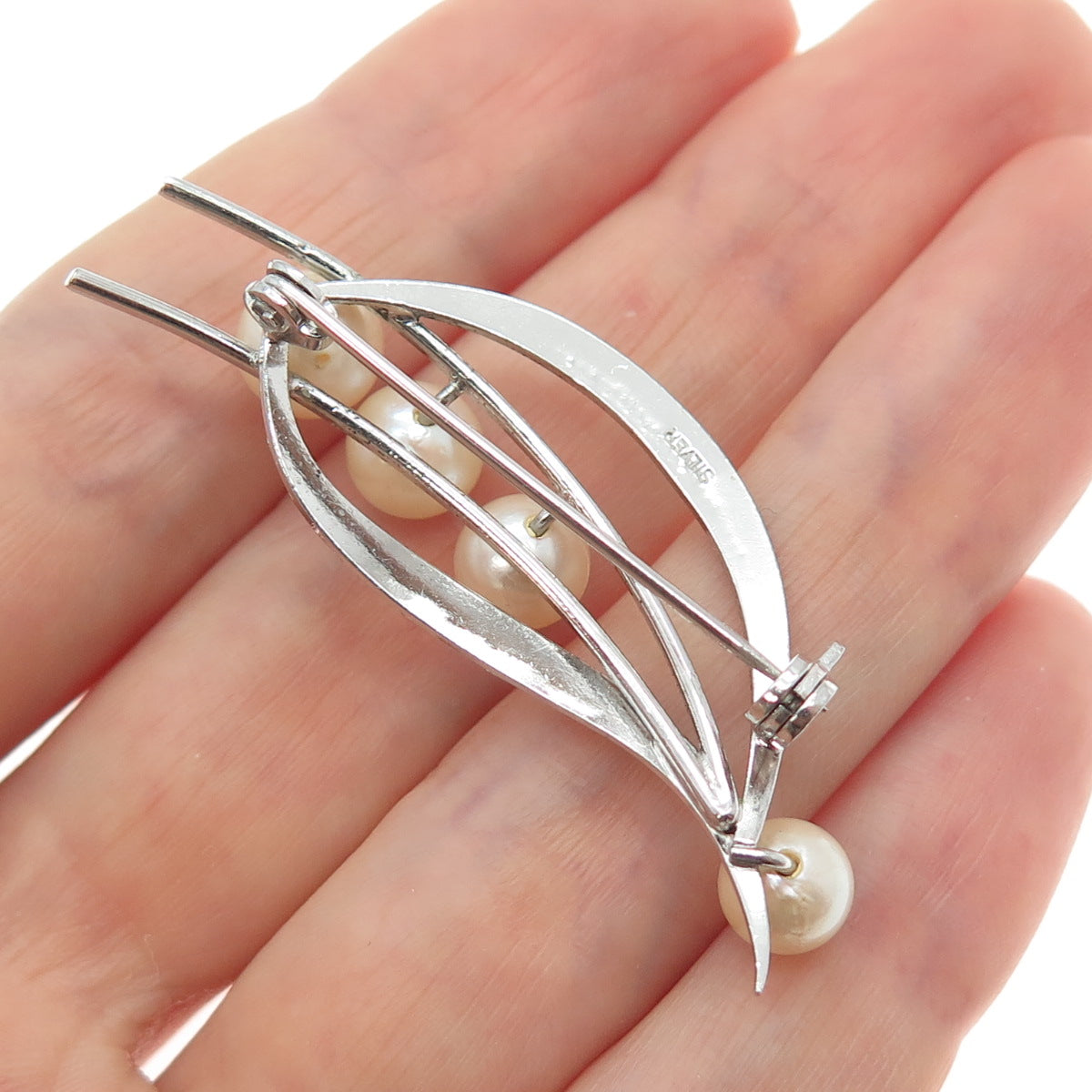 925 Sterling Silver Antique Japan Real Akoya Pearl Floral Pin Brooch