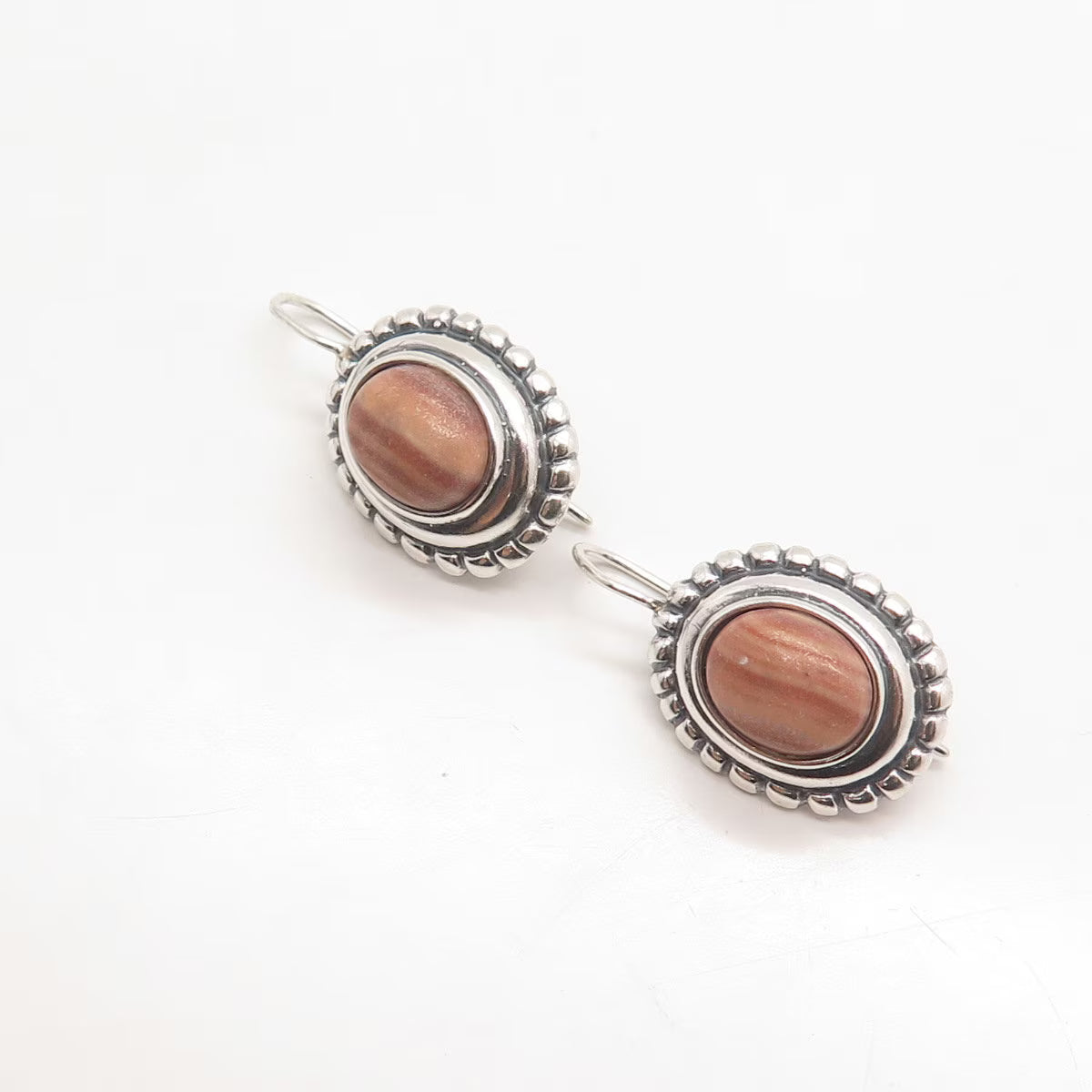 925 Sterling Silver Vintage Real Jasper Beaded Oval Earrings