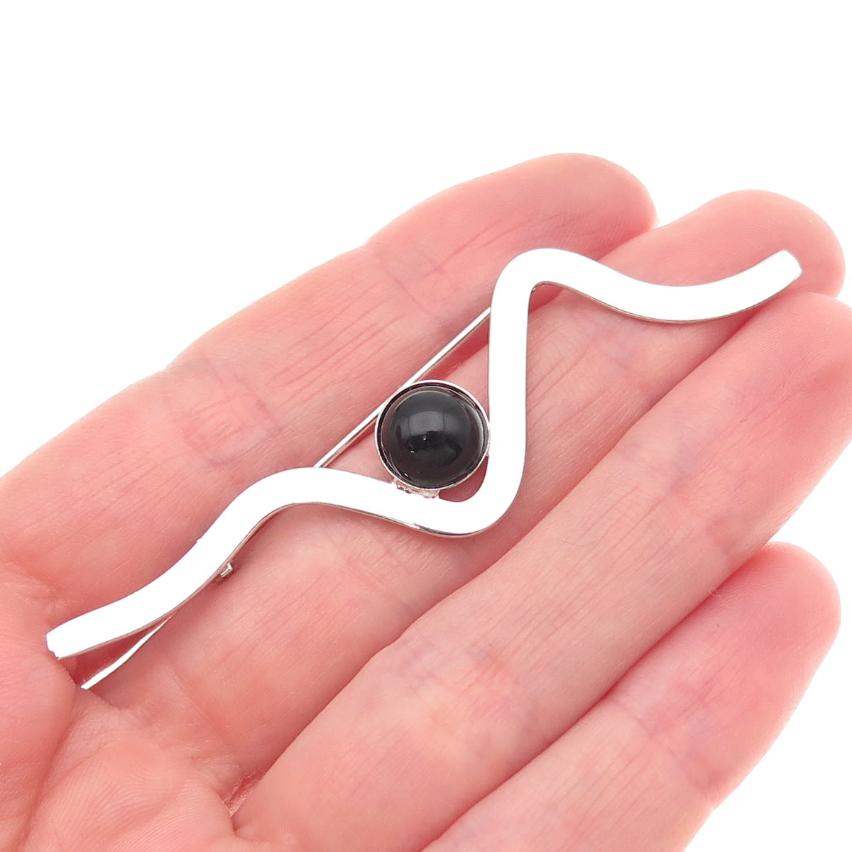 Rolyn R Inc 925 Sterling Silver Vintage Real Black Onyx Modernist Wavy Brooch