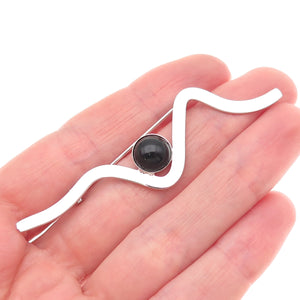 Rolyn R Inc 925 Sterling Silver Vintage Real Black Onyx Modernist Wavy Brooch