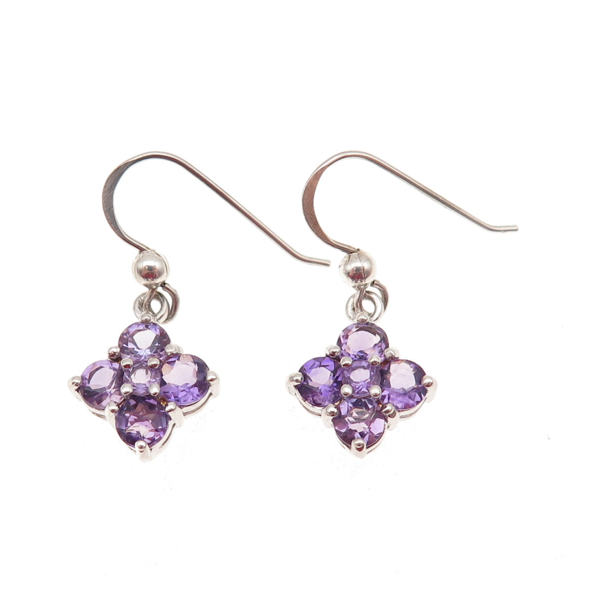 925 Sterling Silver Real Round-Cut Amethyst Floral Dangle Earrings