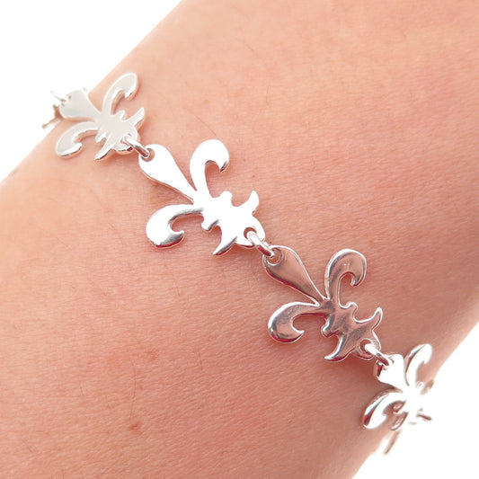 925 Sterling Silver Vintage Fleur de Lis Link Bracelet 7.25"