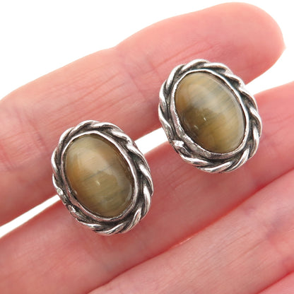 925 Sterling Silver Vintage Real Tiger Eye Oxidized Screw Back Earrings