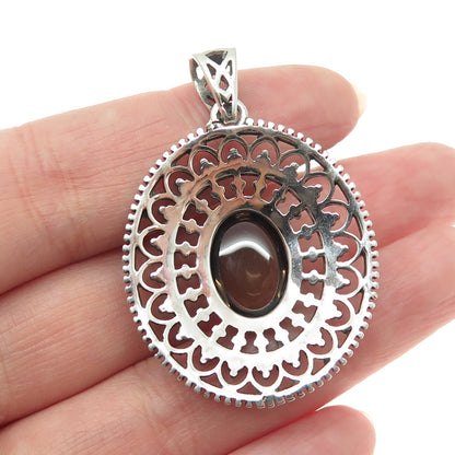925 Sterling Silver Vintage Real Smoky Quartz Granulated Floral Oxidized Pendant