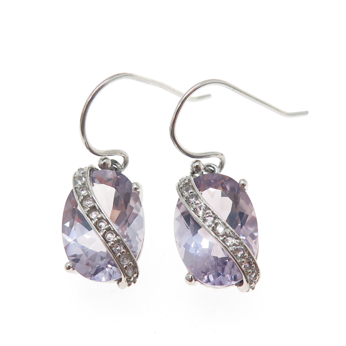 925 Sterling Silver Real Amethyst & White Topaz Dangle Earrings