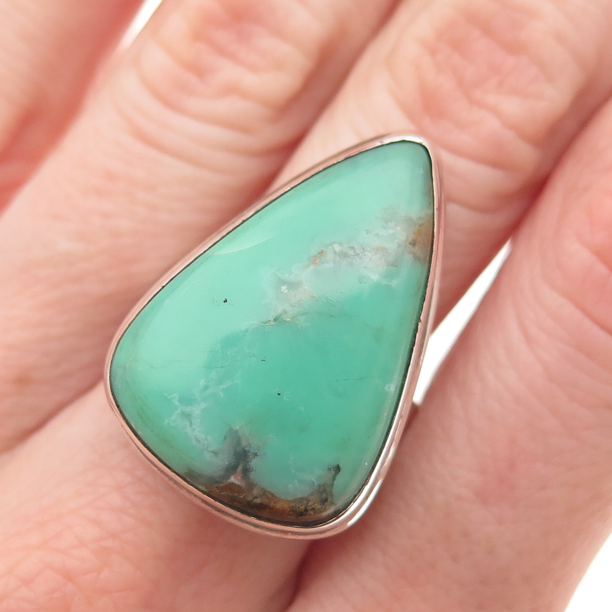 925 Sterling Silver Vintage Real Chrysoprase Modernist Triangle Ring Size 9.25