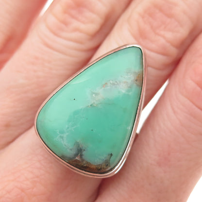 925 Sterling Silver Vintage Real Chrysoprase Modernist Triangle Ring Size 9.25