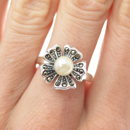 925 Sterling Silver Vintage Faux Pearl & Real Marcasite Flower Ring Size 8