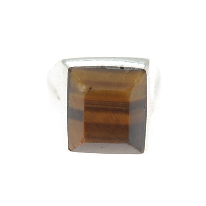 925 Sterling Silver Vintage Mexico Real Tiger Eye Modernist Ring Size 8.75