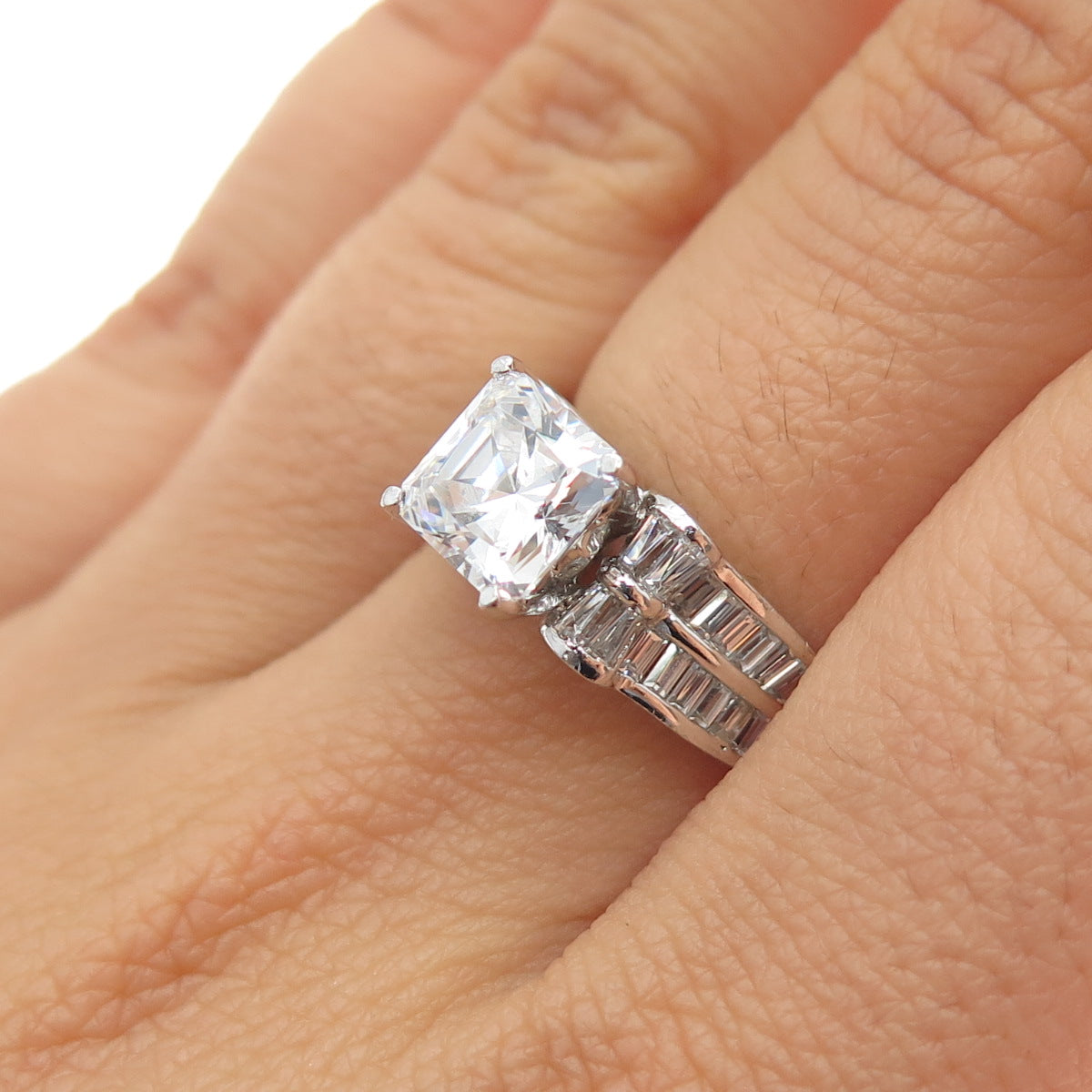 MEDA 925 Sterling Princess & Tapered Baguette-Cut C Z Engagement Ring Size 6.75
