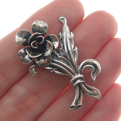 JEWELART 925 Sterling Silver Antique Art Deco Flower Leaf Pin Brooch