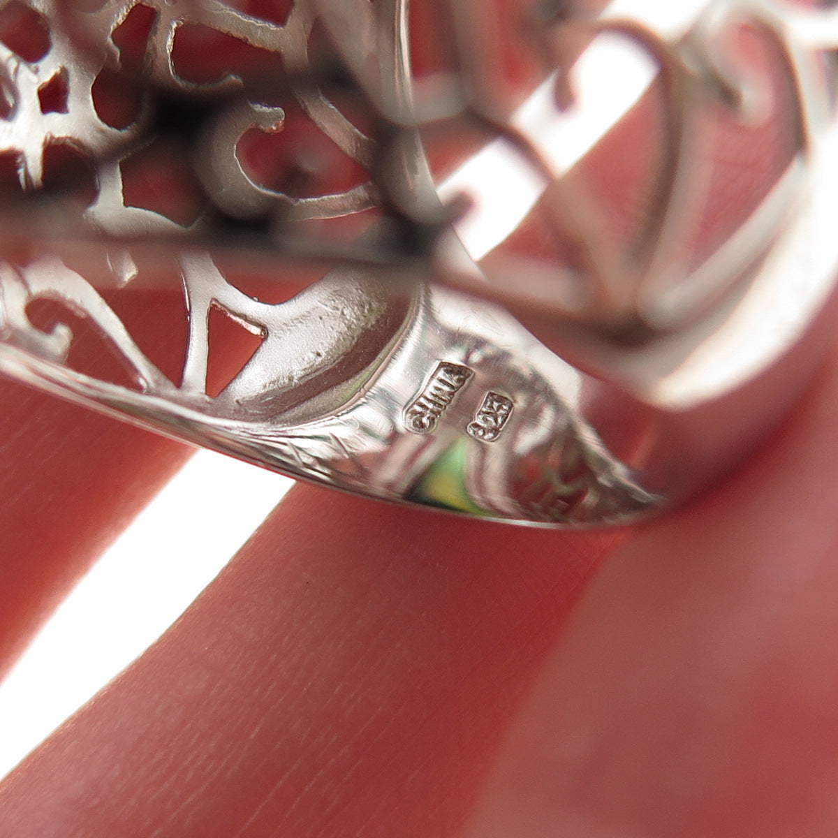 Ken Crafts 925 Sterling Silver Real Green Agate Floral Scroll Ring Size 7.5