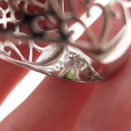 Ken Crafts 925 Sterling Silver Real Green Agate Floral Scroll Ring Size 7.5