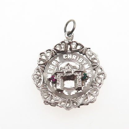 925 Sterling Silver Vintage Rhinestone Fireplace Merry Christmas Charm Pendant
