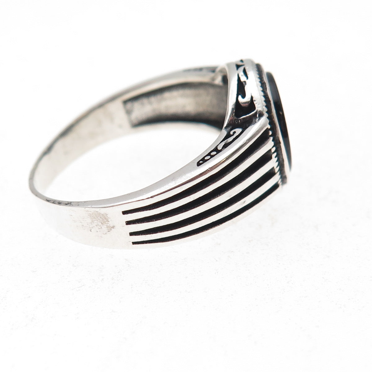 925 Sterling Silver Vintage Real Black Onyx Modernist Oxidized Ring Size 10.5