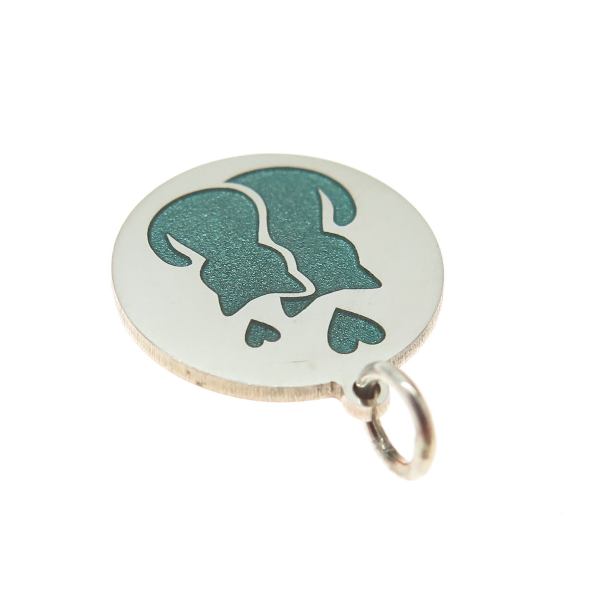 925 Sterling Silver Green Enamel Cat Couple Minimalist Round Tag Charm Pendant