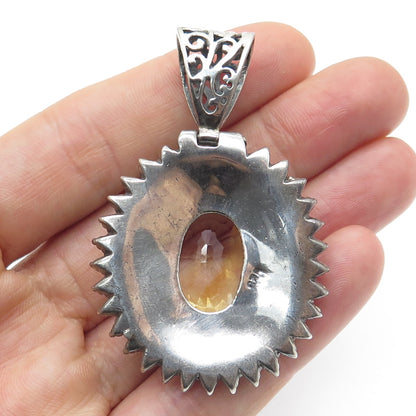 925 Sterling Silver Vintage Real Oval-Cut Citrine Floral Oxidized Pendant