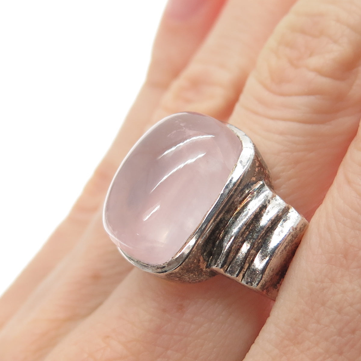 925 Sterling Silver Vintage Real Rose Quartz Modernist Oxidized Ring Size 9.5