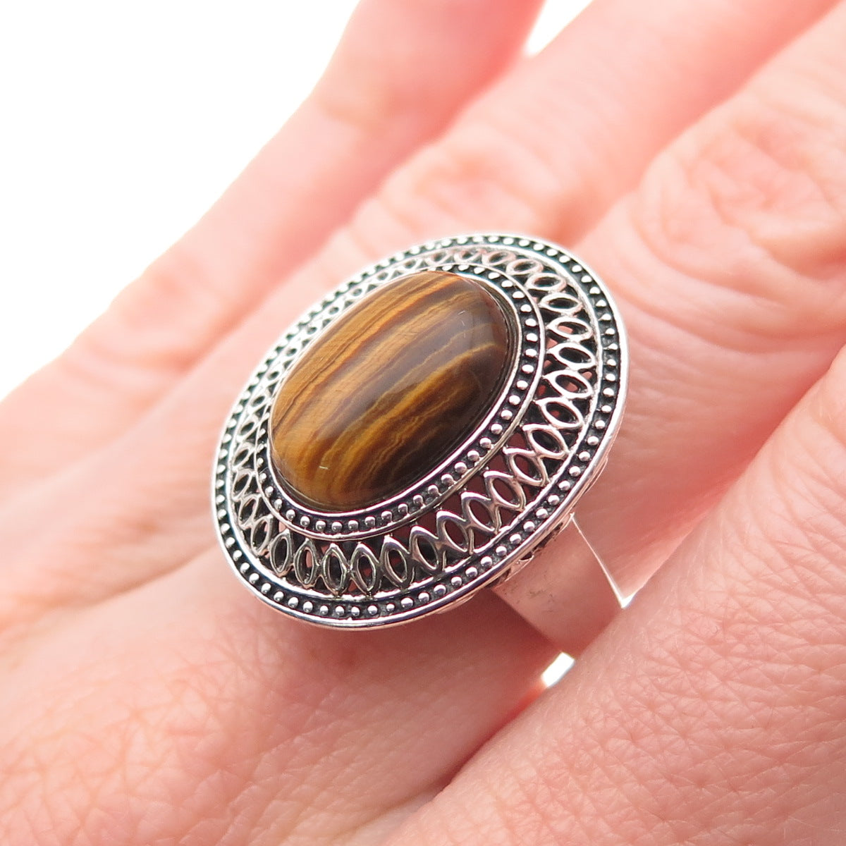 925 Sterling Silver Vintage Real Cabochon Tiger Eye Oxidized Ring Size 6