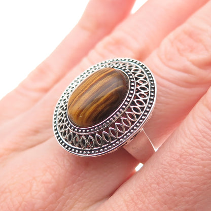 925 Sterling Silver Vintage Real Cabochon Tiger Eye Oxidized Ring Size 6
