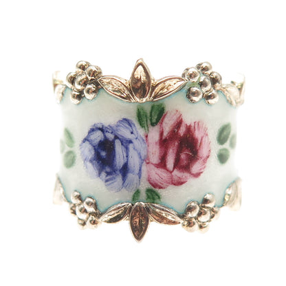 Joseph Esposito Sterling Silver Gold Plated Antique Enamel Floral Ring Size 6.25