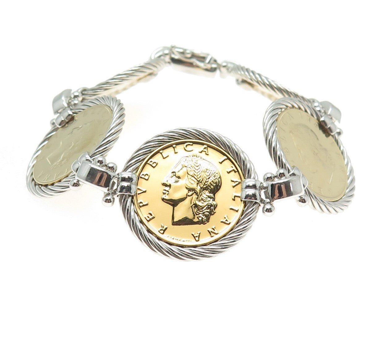 DASAN INC Sterling Vintage Italy "20 Lira 1970 Coin" Magnetic Lock Bracelet 7"