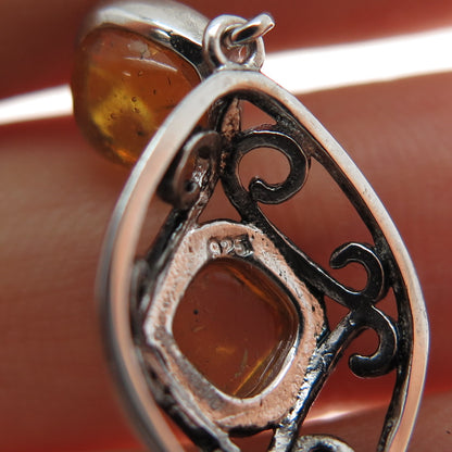 925 Sterling Silver Old Stock Vintage Real Amber Ornate Slide Charm Pendant
