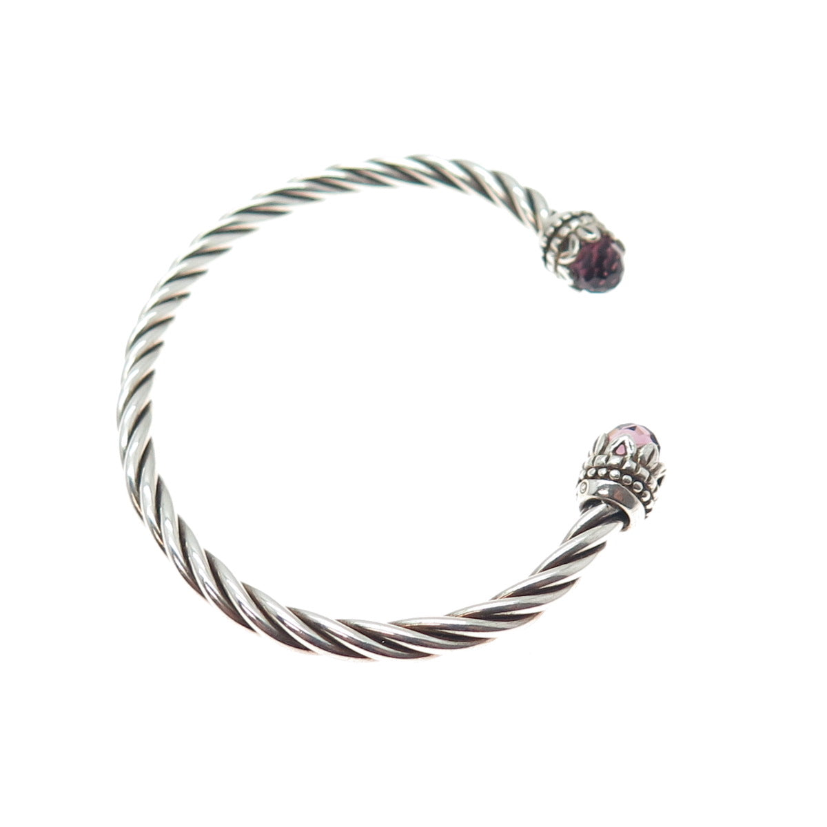 925 Sterling Silver Vintage Nano Amethyst Twisted Adjustable Cuff Bracelet 6"