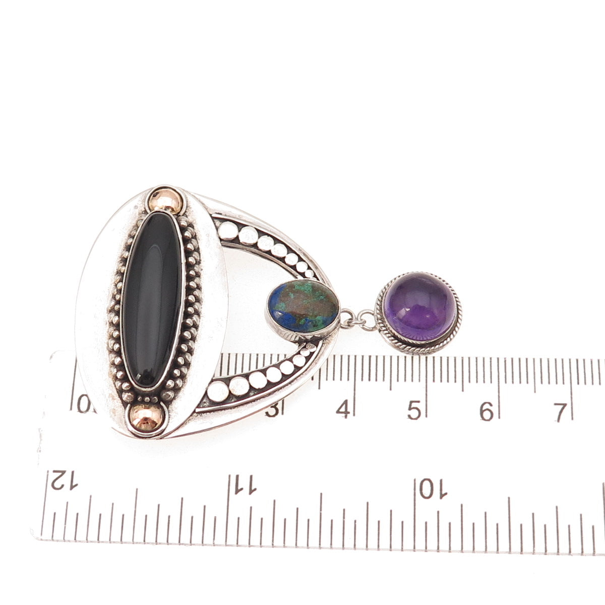 925 Sterling Gold Accent Vintage Real Azurite Amethyst Onyx Pin Brooch / Pendant