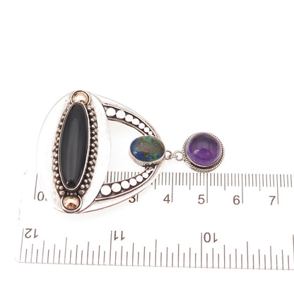 925 Sterling Gold Accent Vintage Real Azurite Amethyst Onyx Pin Brooch / Pendant