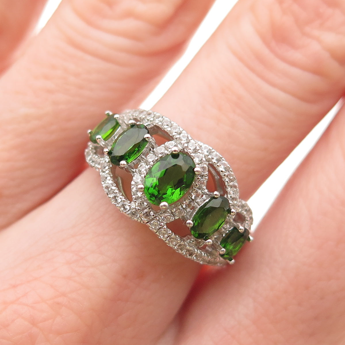 925 Sterling Silver Real Chrome Diopside & White Topaz Ring Size 7