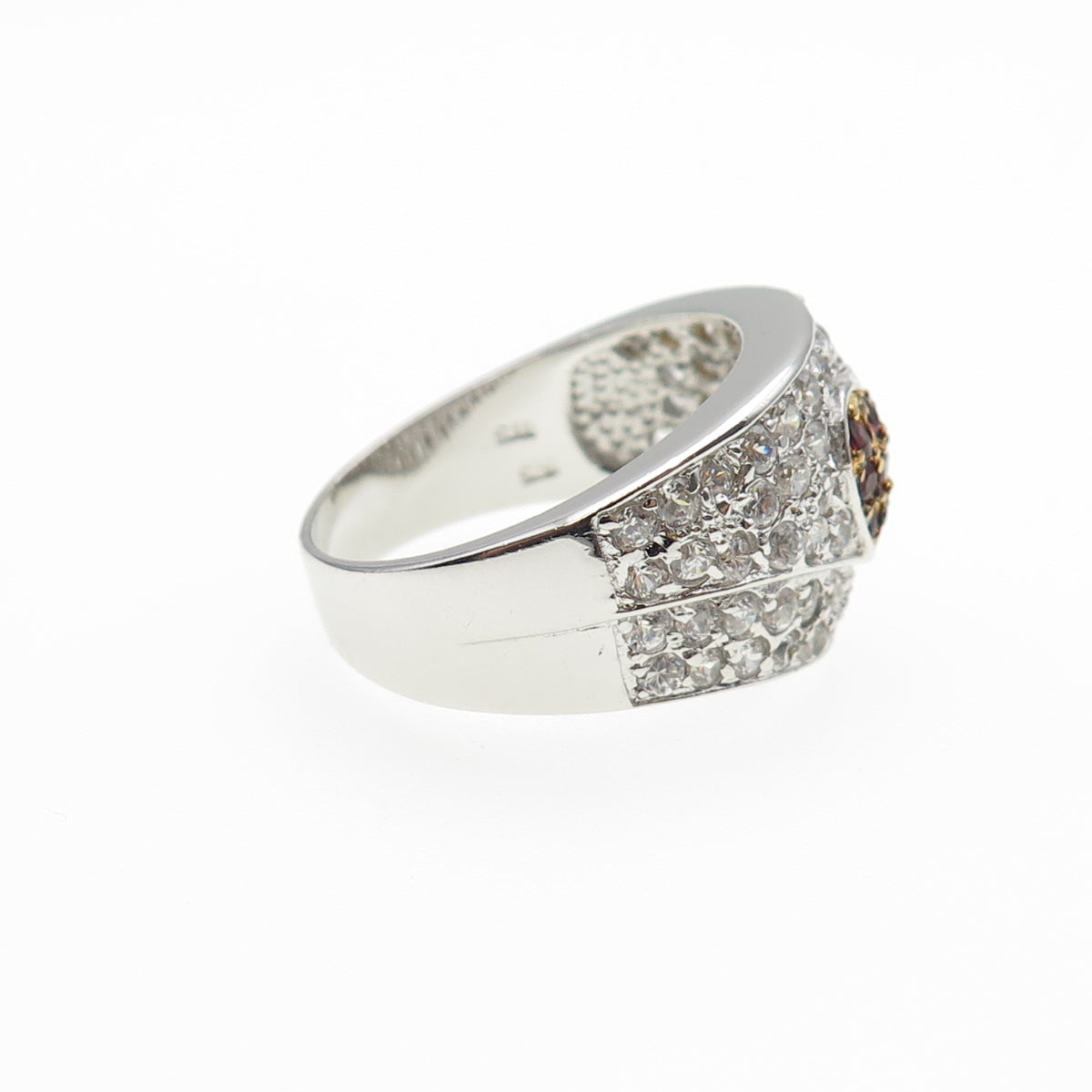 925 Sterling Silver 2-Tone Round-Cut Red & White C Z Heart Ring Size 10.5