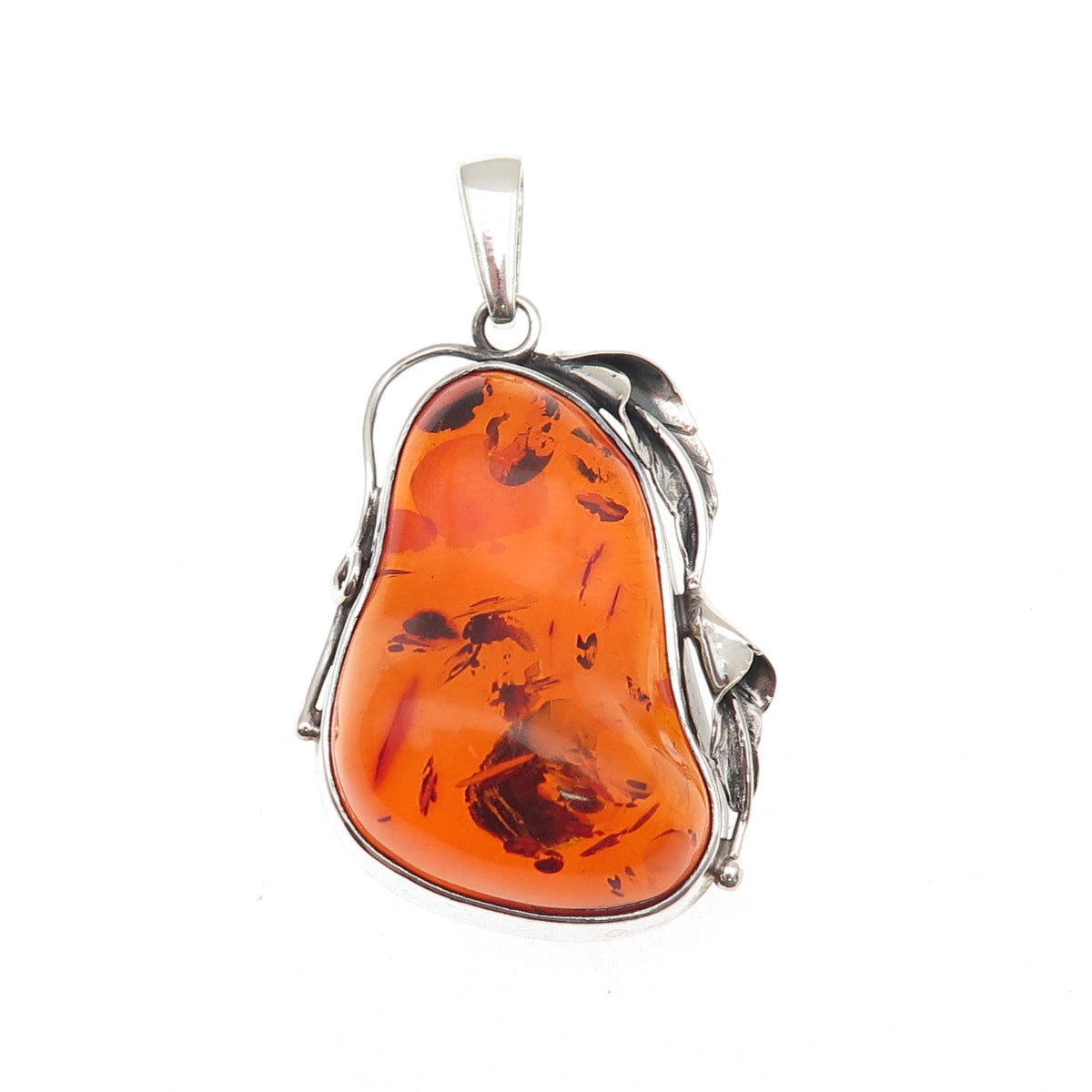 925 Sterling Silver Vintage Real Amber Modernist Floral Oxidized Pendant