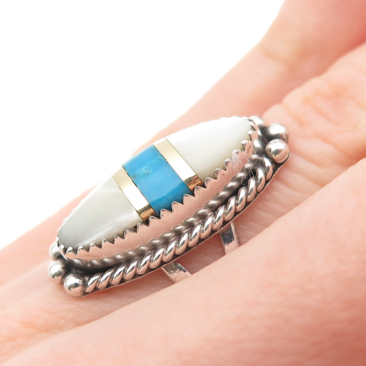 Jonathan Beyuka Zuni Old Pawn 925 Sterling 2-Tone Turquoise MOP Ring Size 4.75