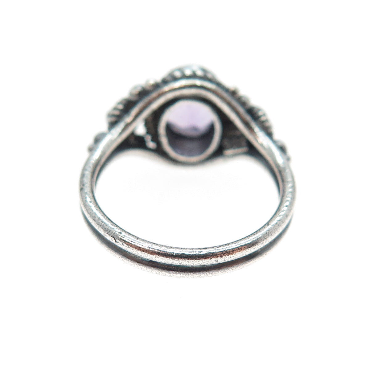 925 Sterling Silver Vintage Real Amethyst Cannetille Oxidized Ring Size 5.5
