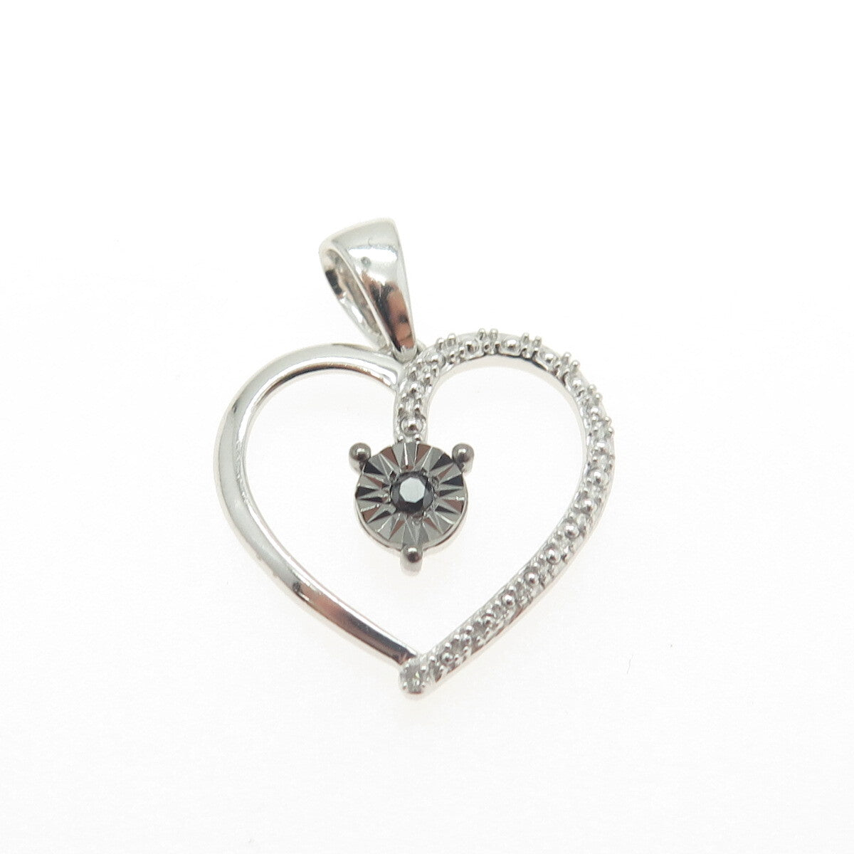 HAN 925 Sterling Silver Real Round-Cut White & Black Diamond Heart Pendant