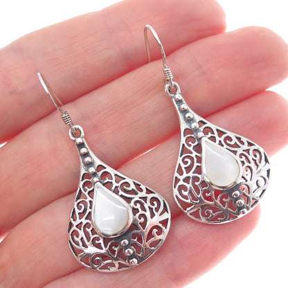 925 Sterling Silver Vintage Real MOP Ornate Oxidized Dangle Earrings