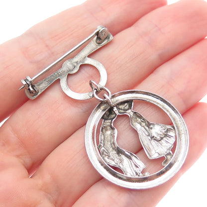 925 Sterling Silver Antique Art Deco Boy & Girl Kiss Bow Pin Brooch