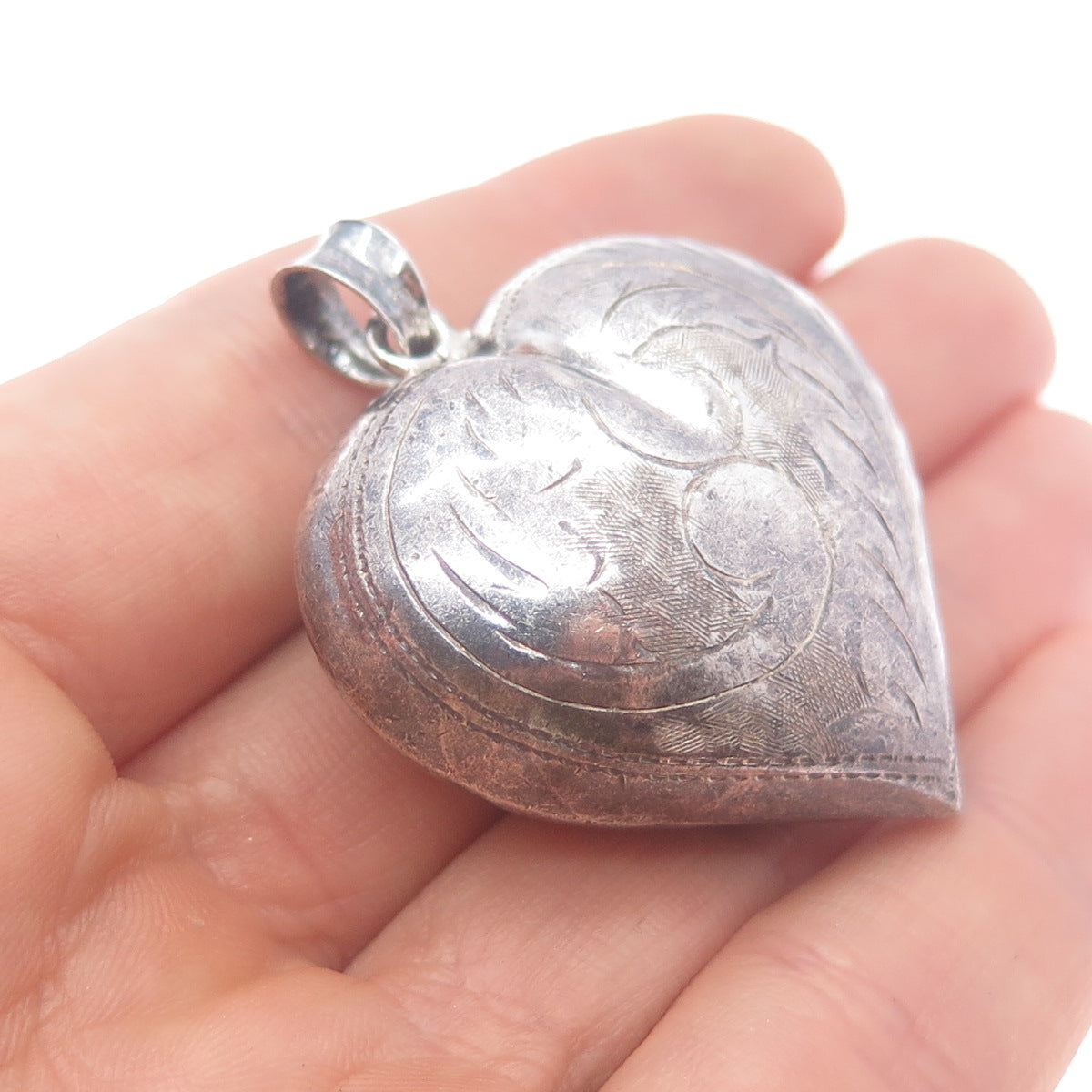 925 Sterling Silver Vintage Engraved Puffy Heart Oxidized Charm Pendant