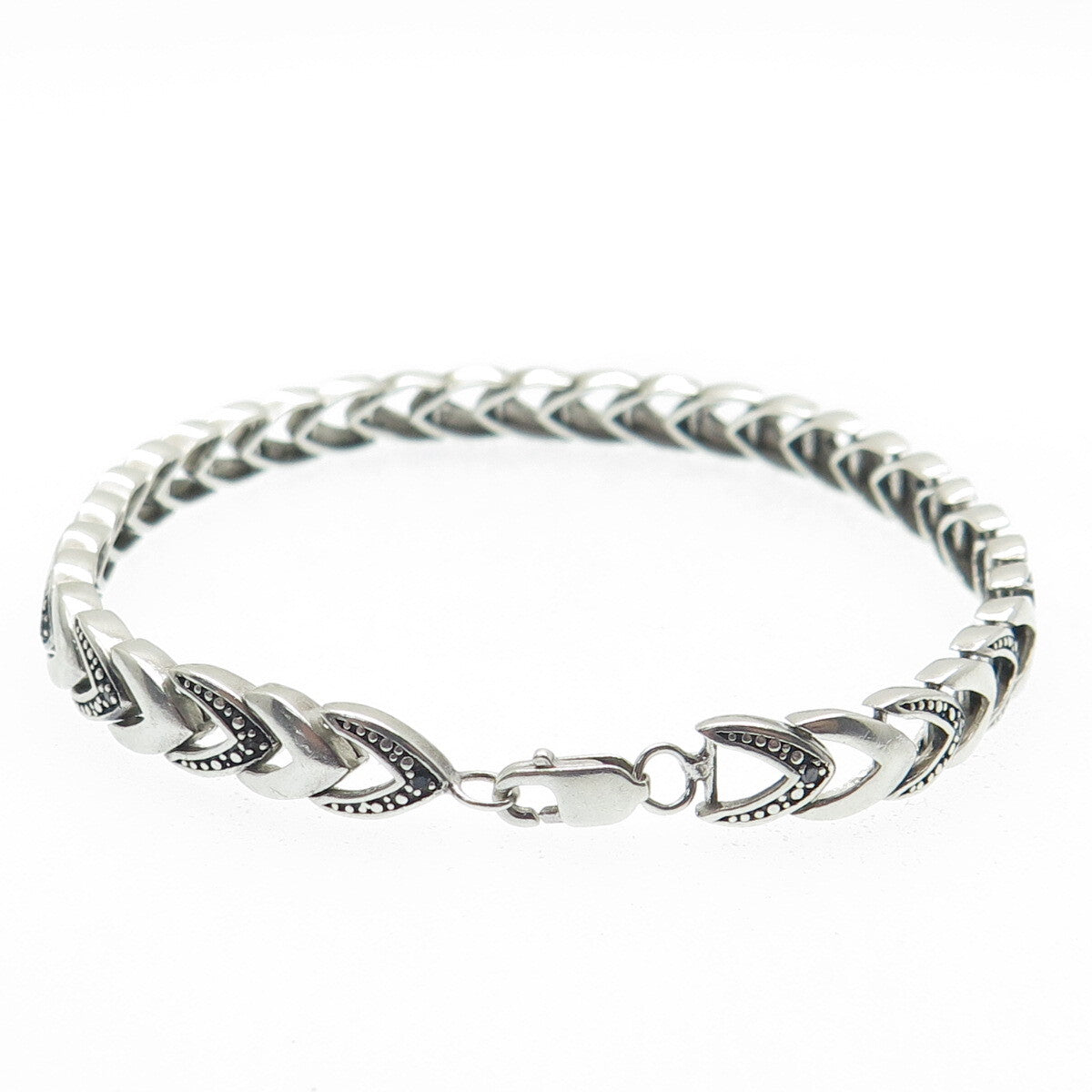 925 Sterling Silver Vintage Real Black Diamond Franco Link Bracelet 7"