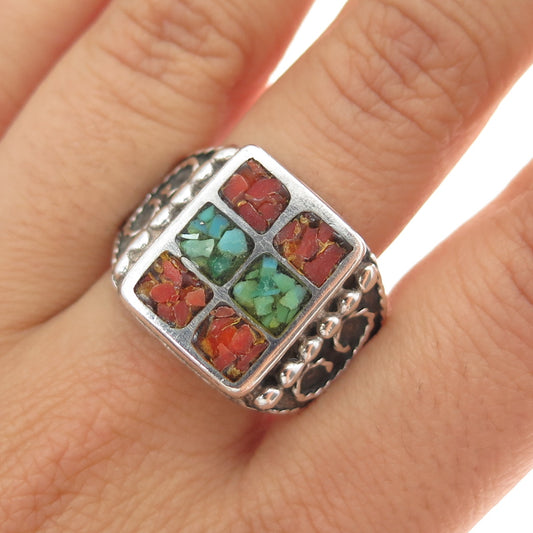 Old Pawn 925 Sterling Silver Vintage Turquoise & Coral Inlay Ring Size 11.5