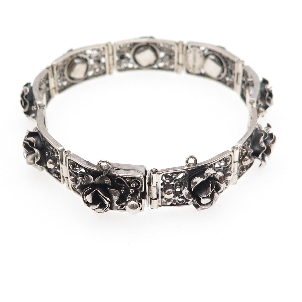 Peruzzi 800 Silver Antique Art Deco Italy Rose Floral Oxidized Bracelet 7"