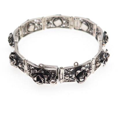 Peruzzi 800 Silver Antique Art Deco Italy Rose Floral Oxidized Bracelet 7"