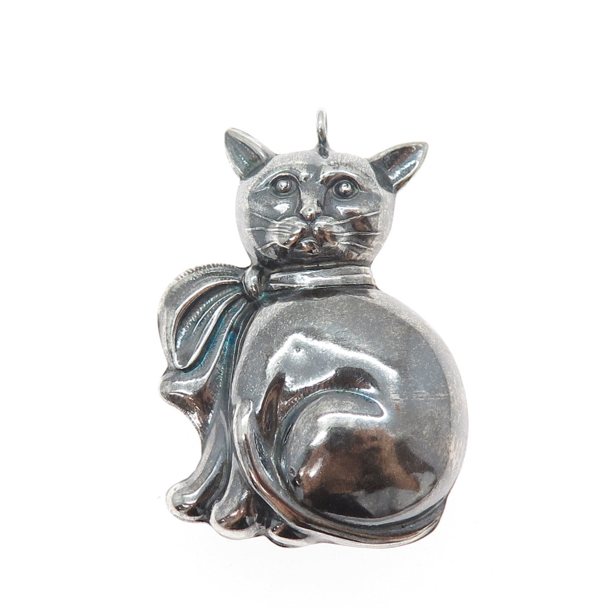 925 Sterling Silver Vintage Cat Modernist Oxidized Puffy Pendant