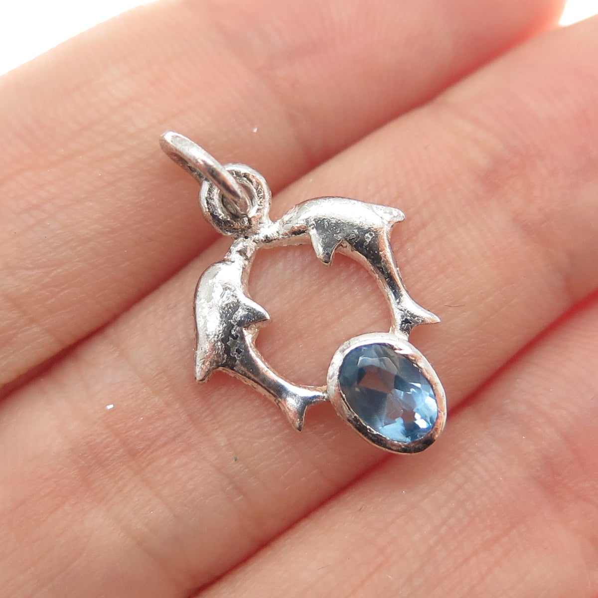 CHARLES WINSTON 925 Sterling Silver Vintage Blue Topaz Dolphin Couple Pendant